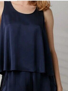 Lunya Washable Silk Tulip Back Pajama Top Deep Blue Medium